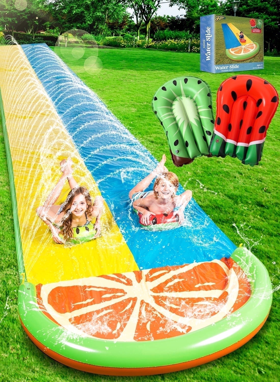 Joyfy 22.5ft Water Slides with 2 Boards, 2 Sliding Racing Lanes and Sprinklers, Backyard Outdoor Lawn Summer Toy, Fruit