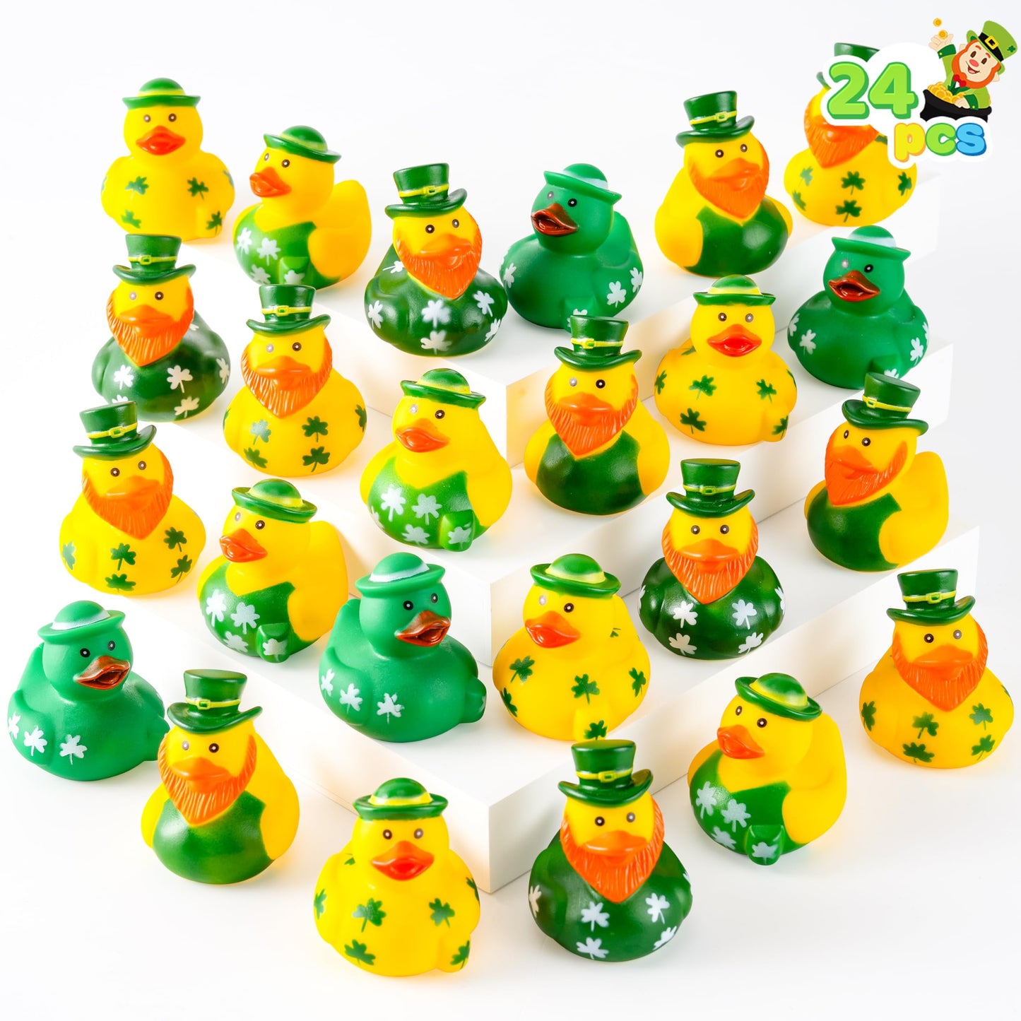 24 St. Patrick's rubber ducks, lucky ducks with St. Patrick's Day green rubber duck hats and clover patterns