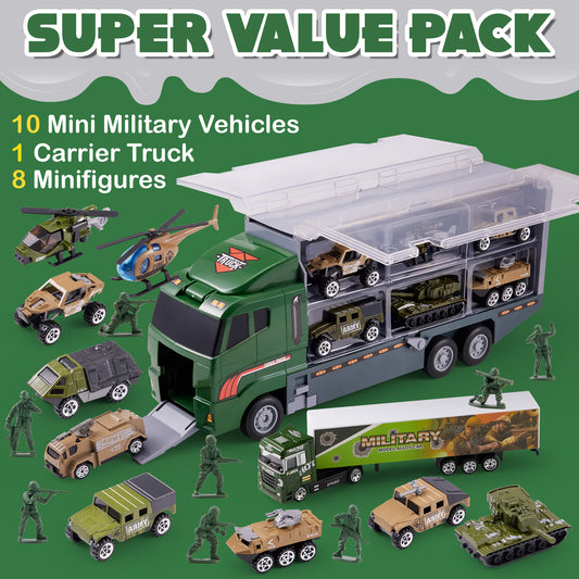 SYNCFUN 19 in 1 Die-cast Army Toy Truck, Mini Military Vehicles in Carrier Truck with Army Men Action Figures, Toys for Boys 3-6-9 Years Old