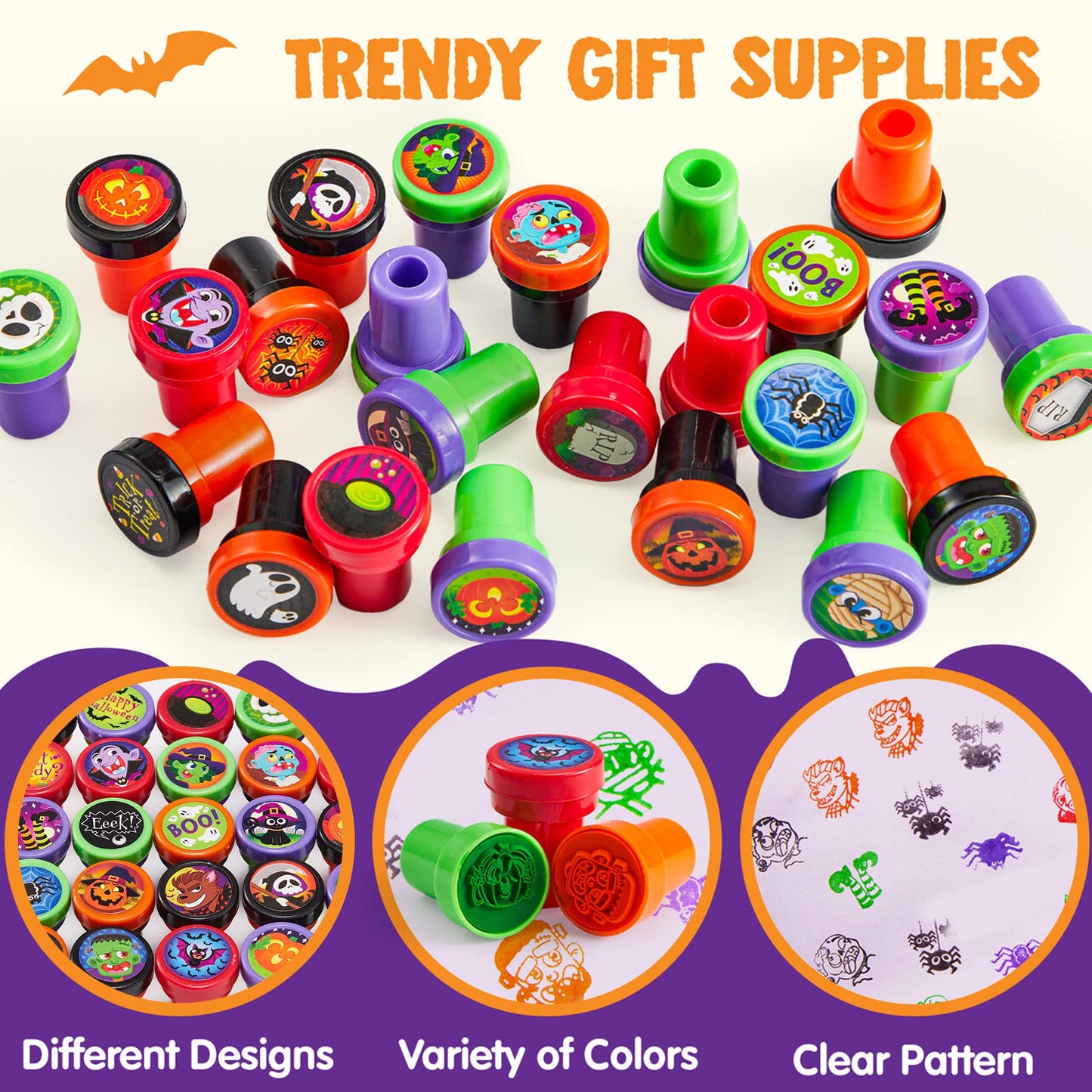 SYNCFUN 100 Pcs Halloween Assorted Stamps for Kids,Halloween Stampers Halloween Stuff Halloween Goodies Bags Prizes,Halloween Toys for Trick or Treaters Gift,Basket Stuffers