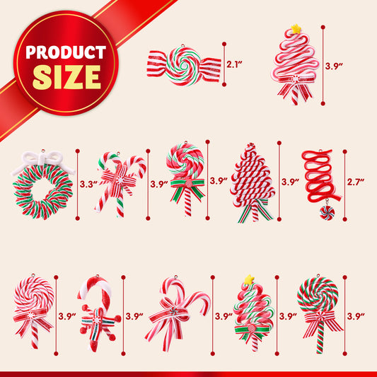 Joyfy 12 Pcs Christmas Candy Cane Ornament with Wreaths, Lollipop, Christmas Trees and Candy Canes Designs,Candy Ornaments for Christmas Tree Decoration, Polymer Clay Ornaments for Party Favor