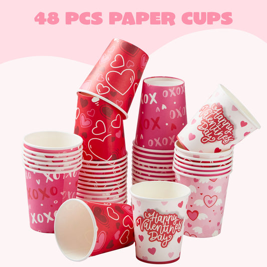 48 PCS Valentine's Day Disposable Cups Party Supplies 9 oz Paper Cocoa Cups，Valentine Party Drinkware Supplies for Coffee Tea Beverage with Pink Red Heart Love Design
