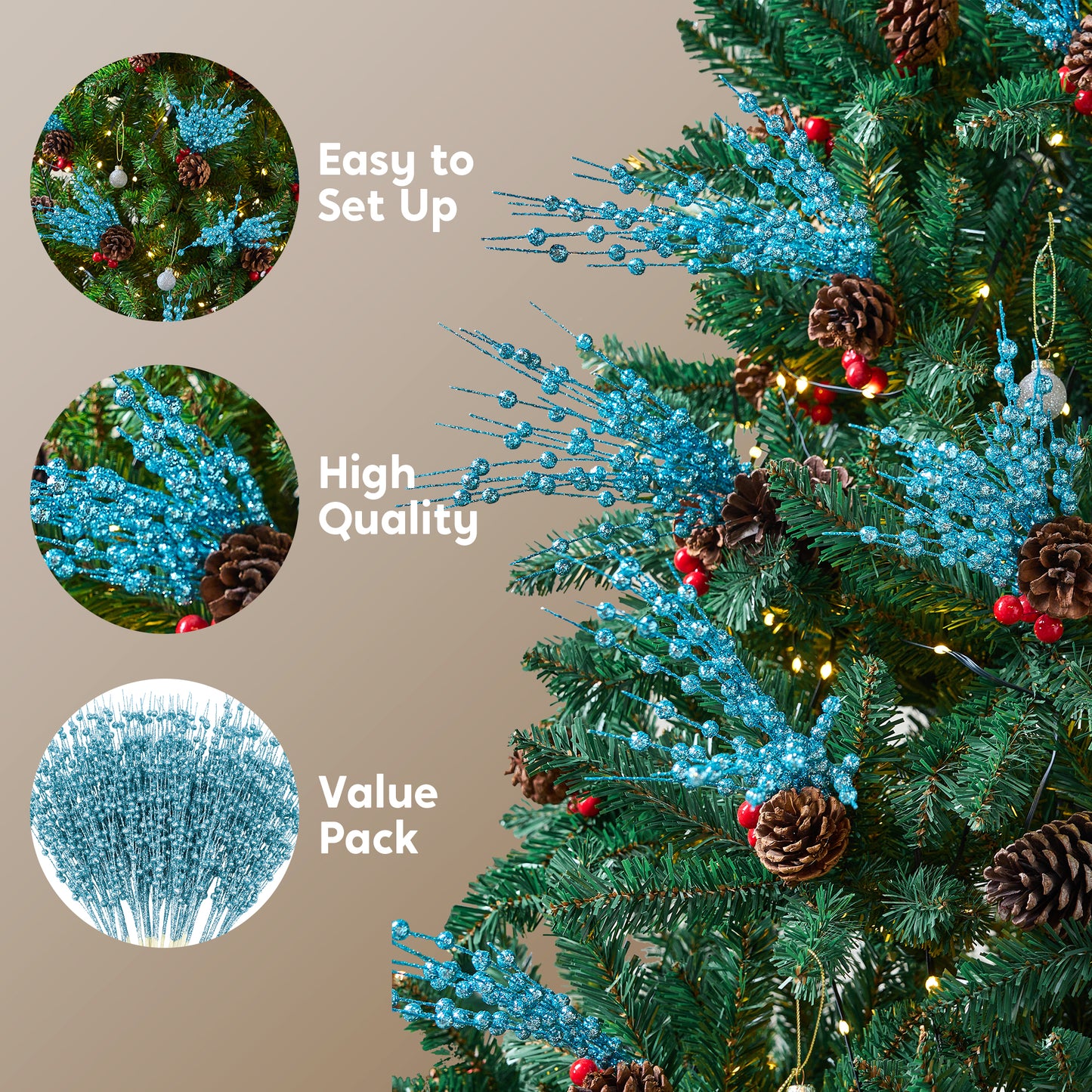 Joyfy 24 Pcs Christmas Tree Berry Stem, 20 Inches Decorative Bead Sticks, Glittery Twigs, Picks, Branches for Christmas Tree, Small Vase, Holiday, Wedding, Party (Light Blue)