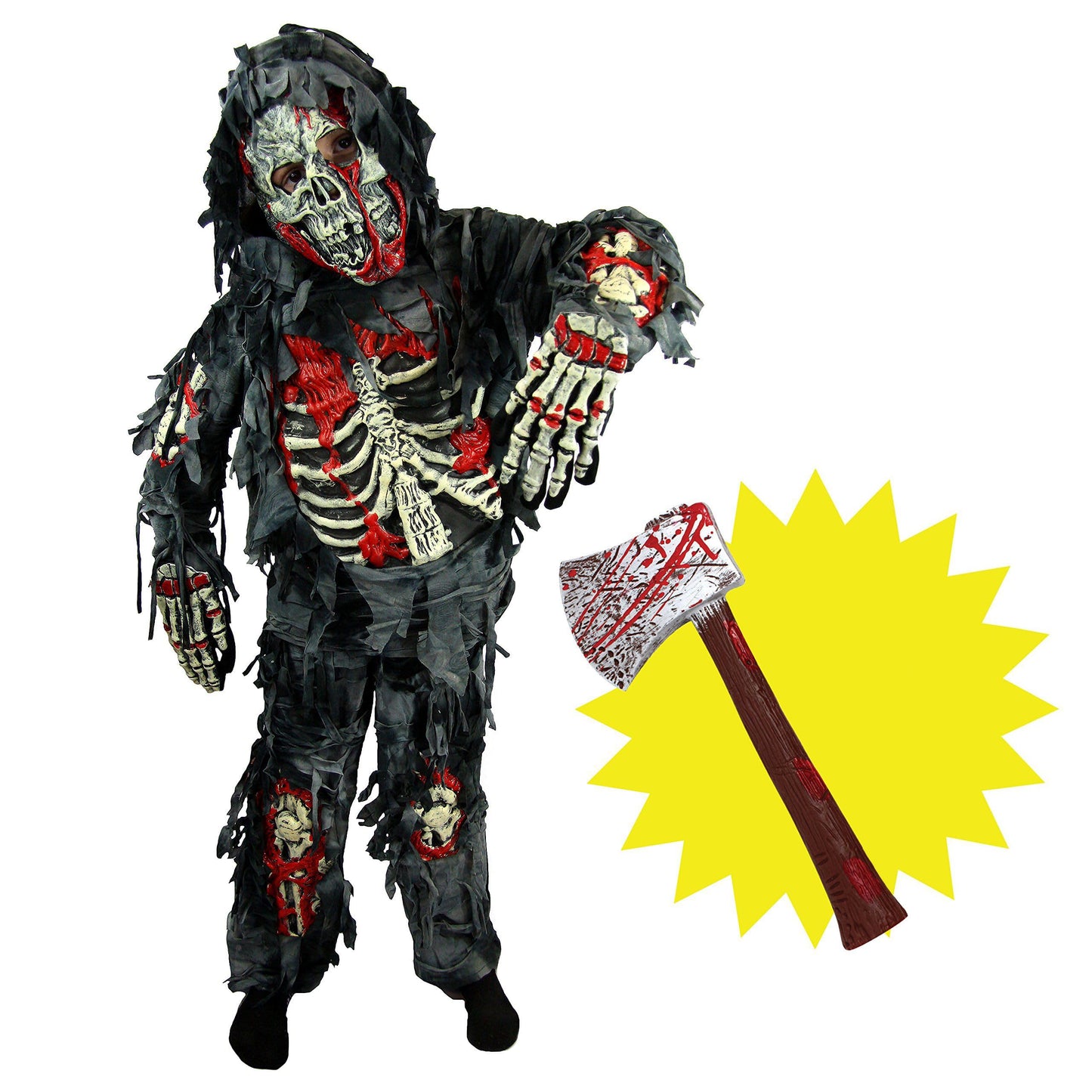 Syncfun Kids Zombie Costume, Scary Halloween Zombie Costume for Boys, Monsters Costume with Toy Axe for Halloween Party Dress-Up Age Up to 14 Years