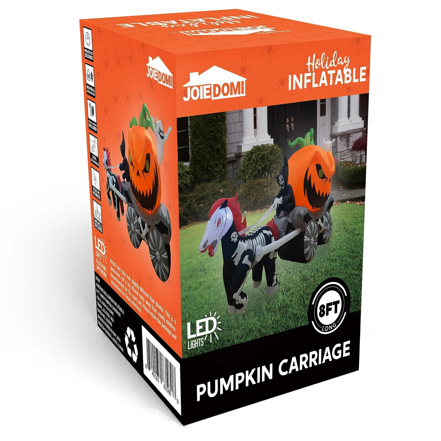 8 FT Halloween Inflatable Long Inflatable Grim Reaper Driving Pumpkin Carriage with Build-in Flaming LED Lights,Blow UP Outdoor Yard Decoration