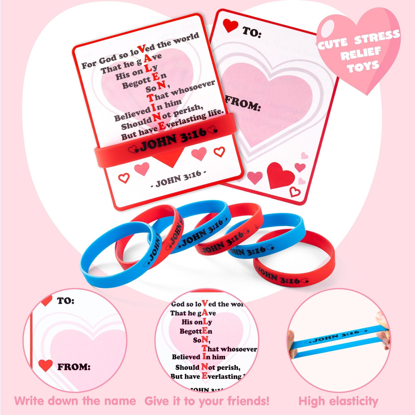 56 Pcs Valentine’s Day Silicone Bracelet with Cards, John 3:16 Rubber Bracelet Valentine Gift, Valentines Day Party Favor Supplies, Valentine Classsroom Exchange Prizes, Holiday Reward Gifts