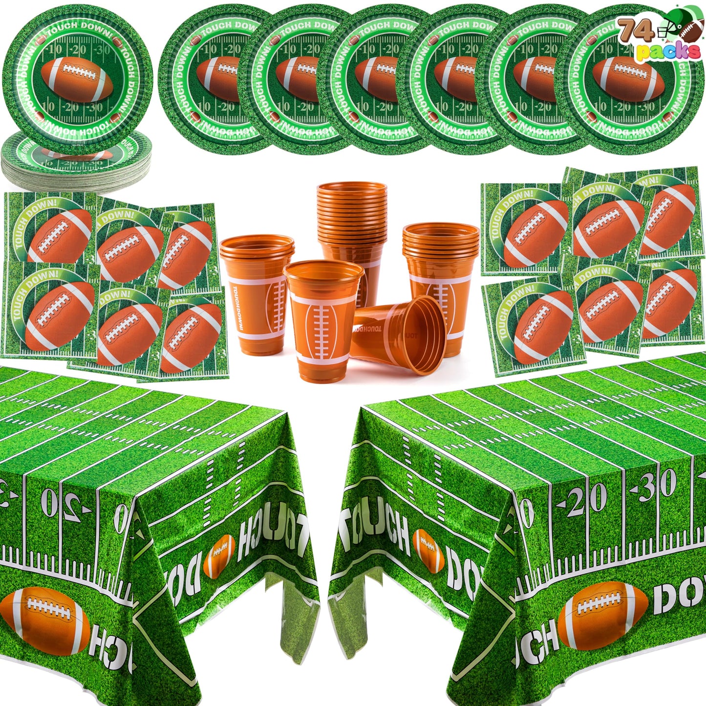 74 football match day party supplies packages -18 football themed cups, 18 plates, 36 napkins,