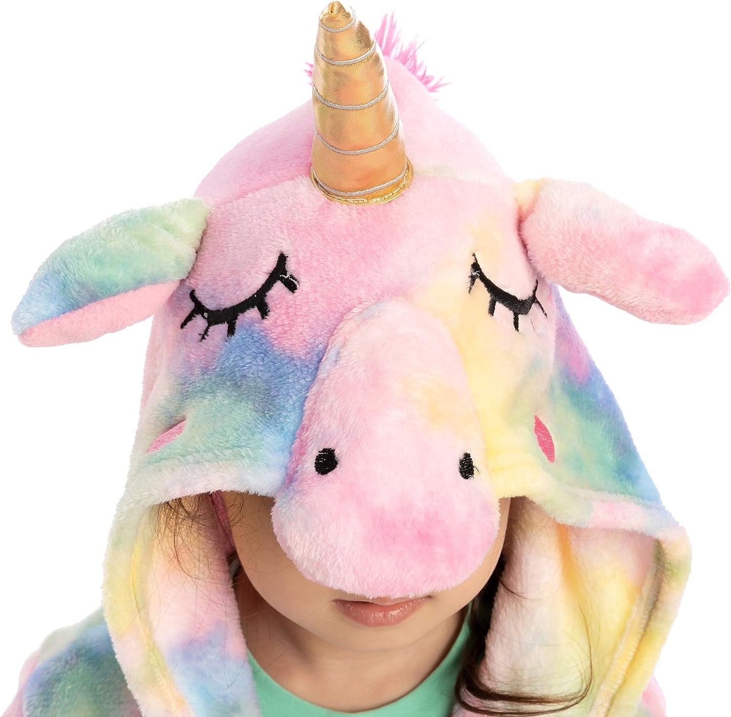 Joyfy 5 Pcs Unicorn Girls Robe Set,Soft Kids Pajamas Hooded Robe with Matching Slippers Headband Cosmestic Bag and Blindfold for Girls 5 6 7 8 9 10 Years