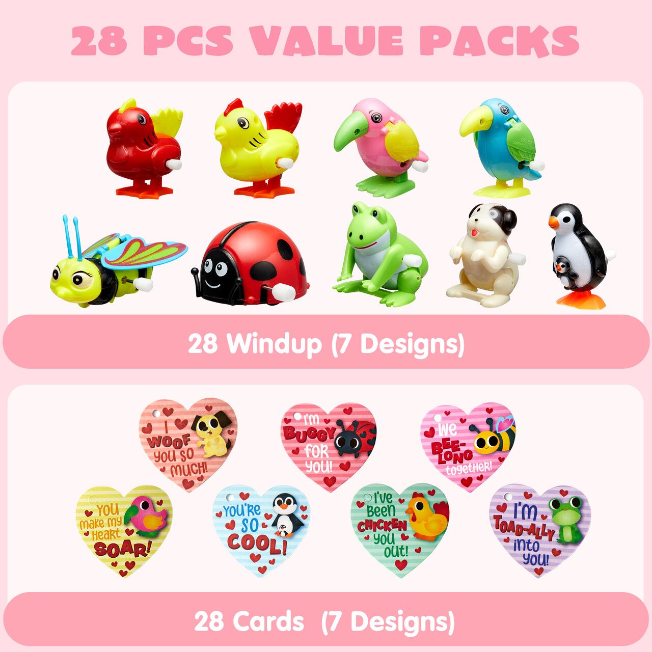 28 PCS Valentines Wind-up Toy with Cards for Kids, Valentines Party Favors, Goody Bag Fillers, Valentine Exchange Cards, Novelty Funny Gifts, Valentines Gift Cards