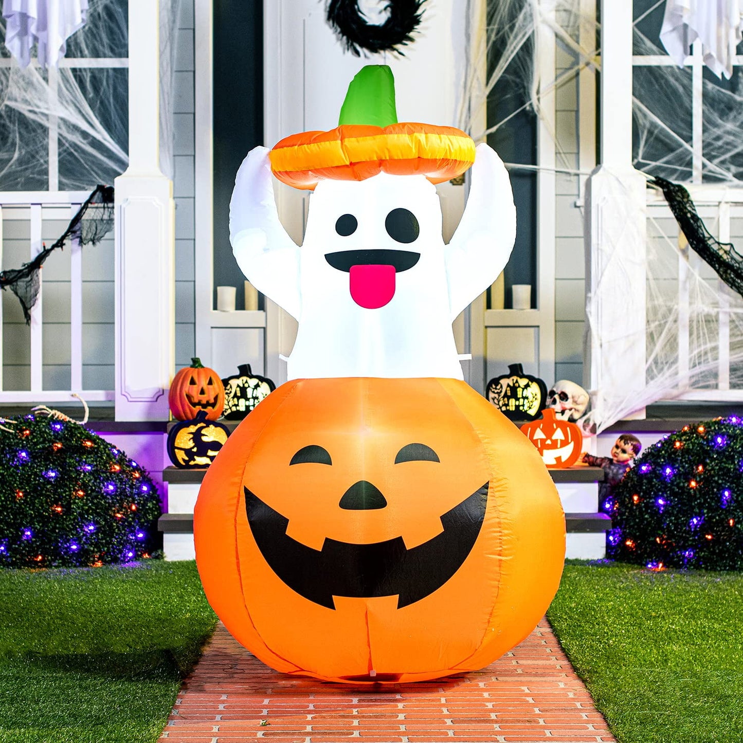 Syncfun 5 FT Halloween Inflatables Light up Pumpkin Ghosts Halloween Inflatables Outdoor Decorations,Blow up Halloween Yard Decorations