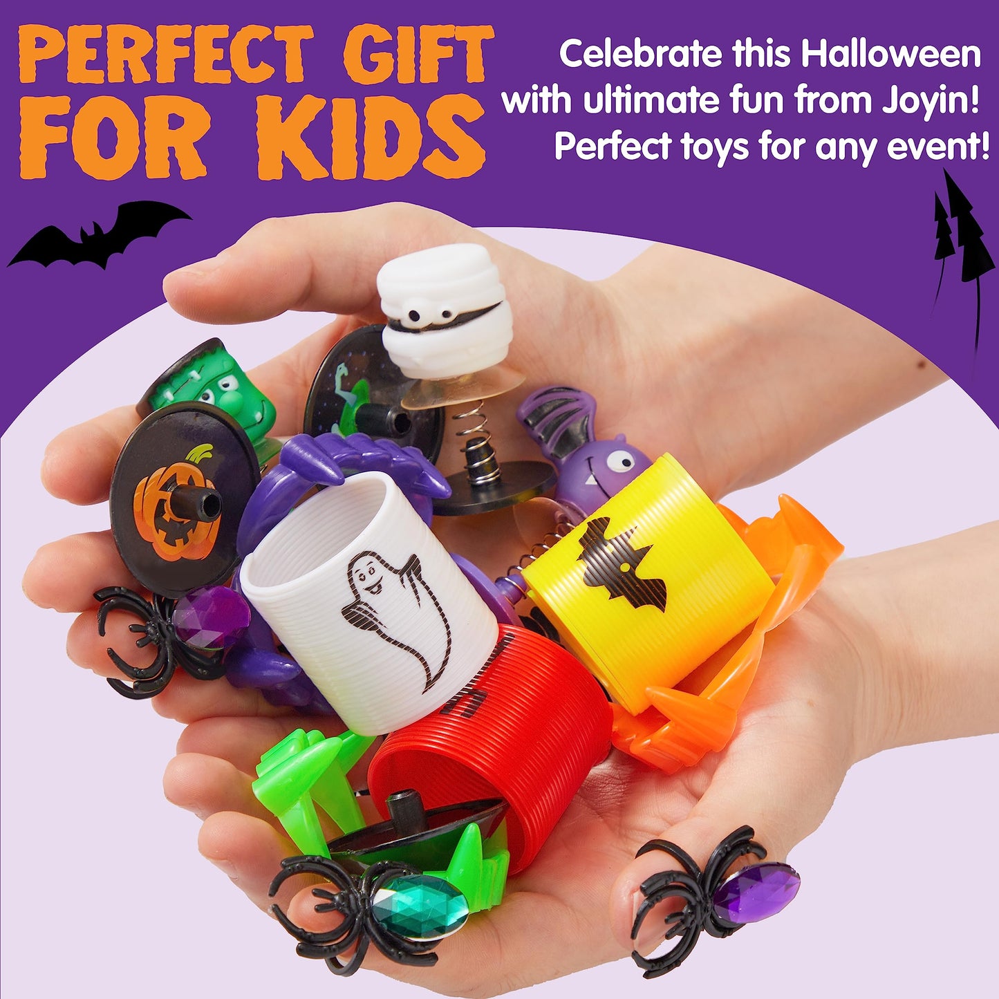 Joyfy 144 Pcs Halloween Toys Party Favors for Kids,Halloween Goodies Including Pumpkin Buckets,Spider Rings,Poppers,Spring,Vampire Teeth and Spinning Tops
