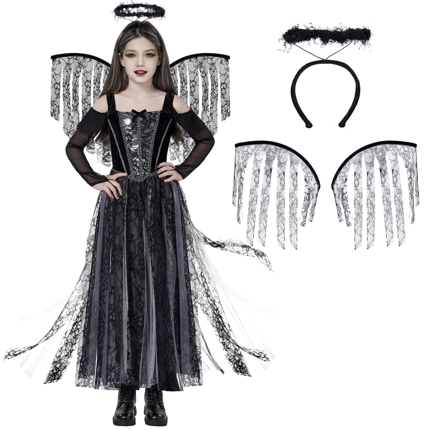 Joyfy Angel Costume for Kids, Angel Black Dress With Wing Headband Halloween Devil Costume Set for Girls Halloween Party Dress Up 8+