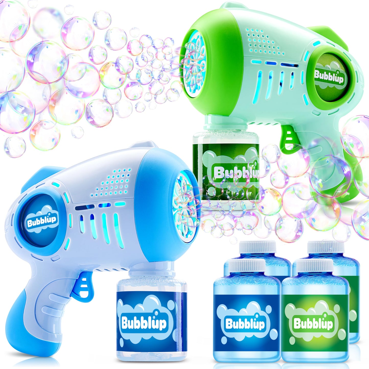 Syncfun 2 Pack Light Up Bubble Guns for Kids with 4 Bottles Bubble Refill Solution, Automatic Bubble Toys Summer Party Favors, Easter Basket Stuffers, Birthday Gift