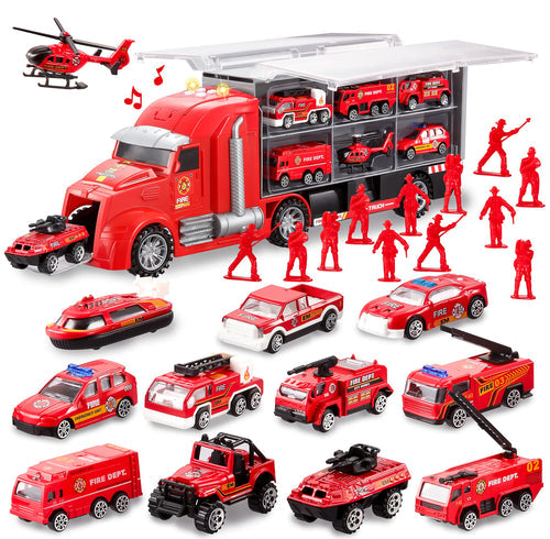 25 in 1 Die-cast Fire Truck Vehicle Toy Set with Sounds and Lights, Fire Engine Vehicles in Carrier Truck, Mini Rescue Emergency Fire Truck Car Toy, Birthday Gifts for Over 3 Years Old Boys