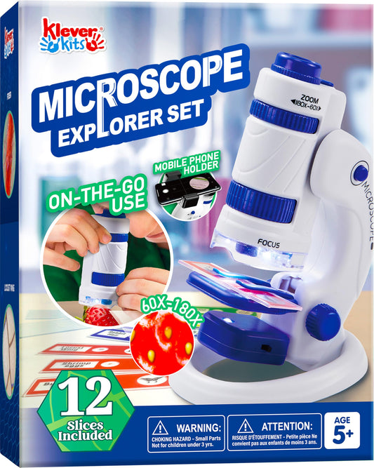 Klever Kits Microscope for Kids 2 in 1 Portable Microscope withe 12 Specimen Slides, 60X-180X magnification Educational Toys Science Kit for Kids Aged 5-7