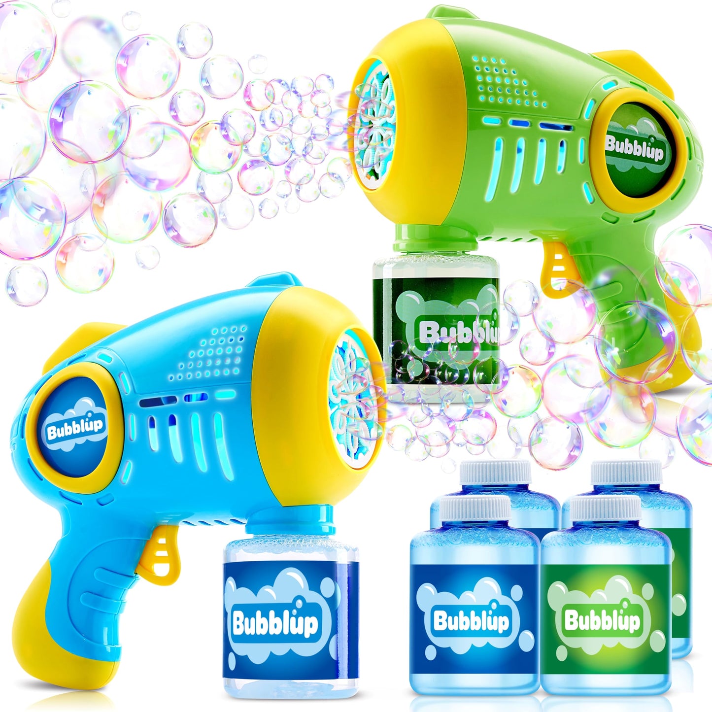 Syncfun 2 Pack Light Up Bubble Guns for Kids with 4 Bottles Bubble Refill Solution, Automatic Bubble Toys Summer Party Favors, Easter Basket Stuffers, Birthday Gift
