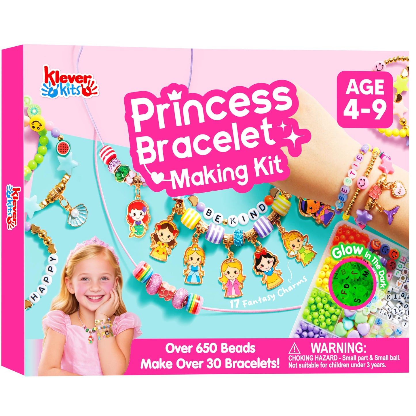 Klever Kits Princess Bracelet Making Kit, Jewelry Making Kit with over 650 Beads, Charms & Elastic Cords, Arts and Crafts Gift for Girls Ages 4-9