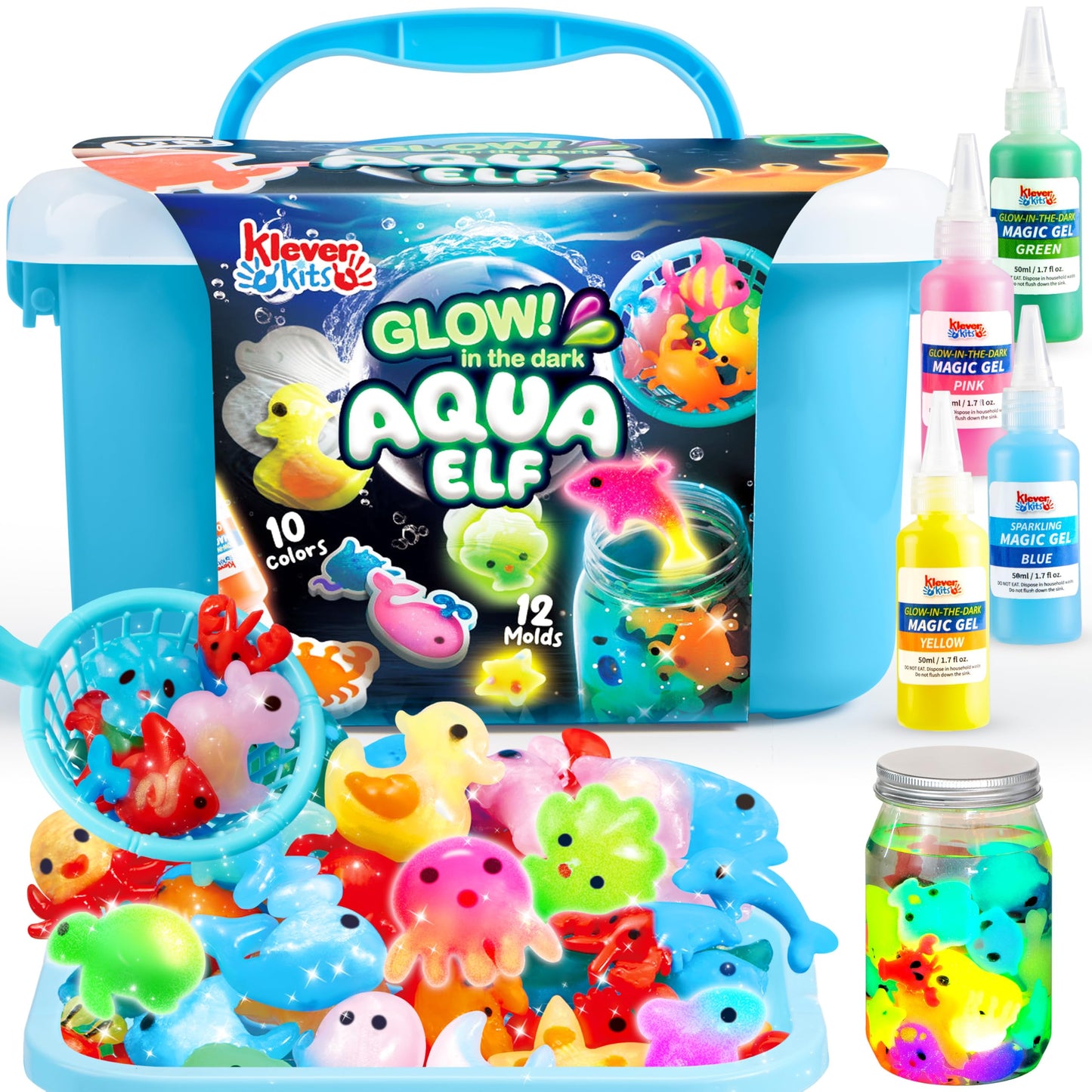 JOYFY Magic Water Elf Toy Kit, Glow in the Dark Aqua Fairy Water Toy with 10 Magic Gels, 12 Sea Creature Molds, Creativity DIY Craft for Kids Age 3+