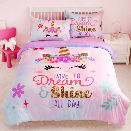 Joyfy Kids Twin Comforter Set 5pcs Unicorn Bedding Set for Girls, Super Soft Microfiber Bed in a Bag with Comforter, Sheets, Pillowcase & Sham for Kids Age 5+