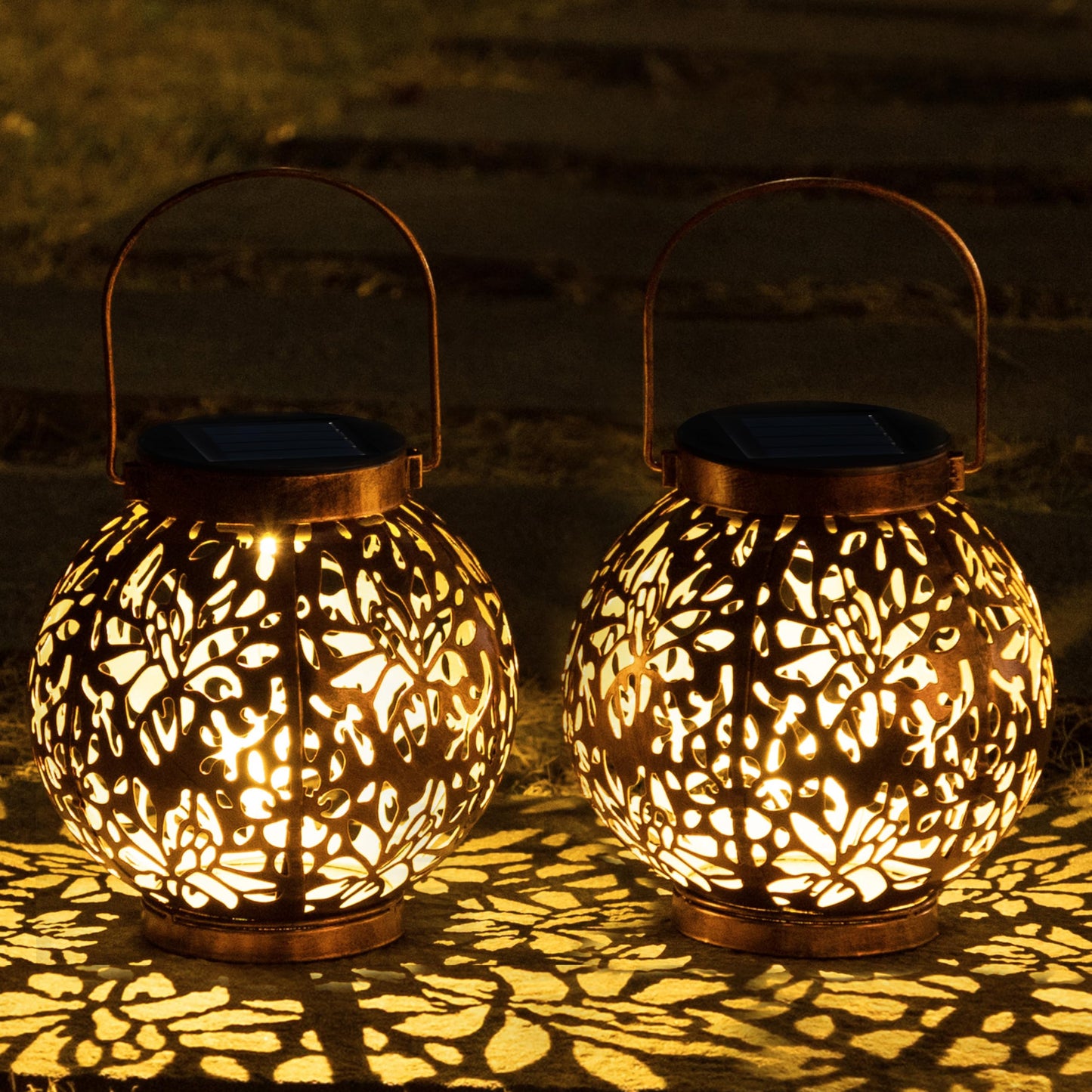 Joyfy 2 Pack Bronze Solar Outdoor Hanging Lanterns, Moroccan Lanterns, Metal Decorative Garden Lights