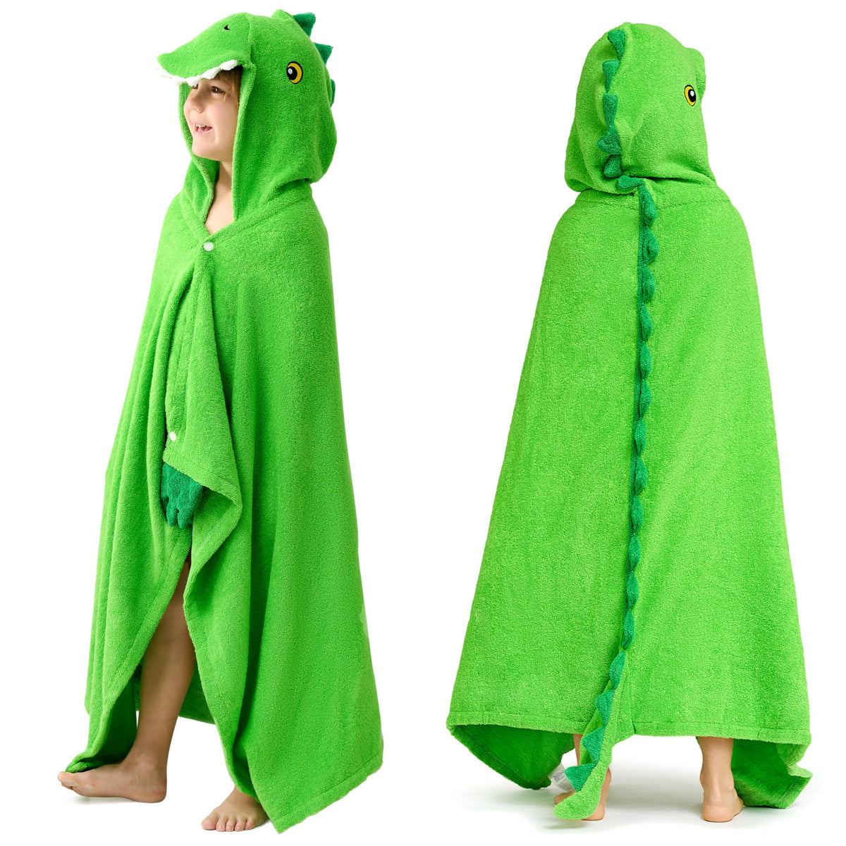 Joyfy Hooded Towels for Kids 100% Cotton Soft Kids Beach Towel 30" x 50" Beach Swim Bath Wrap for 3-8 Years Boys Girls Lightweight with Storage Bag, Green Dinosaur