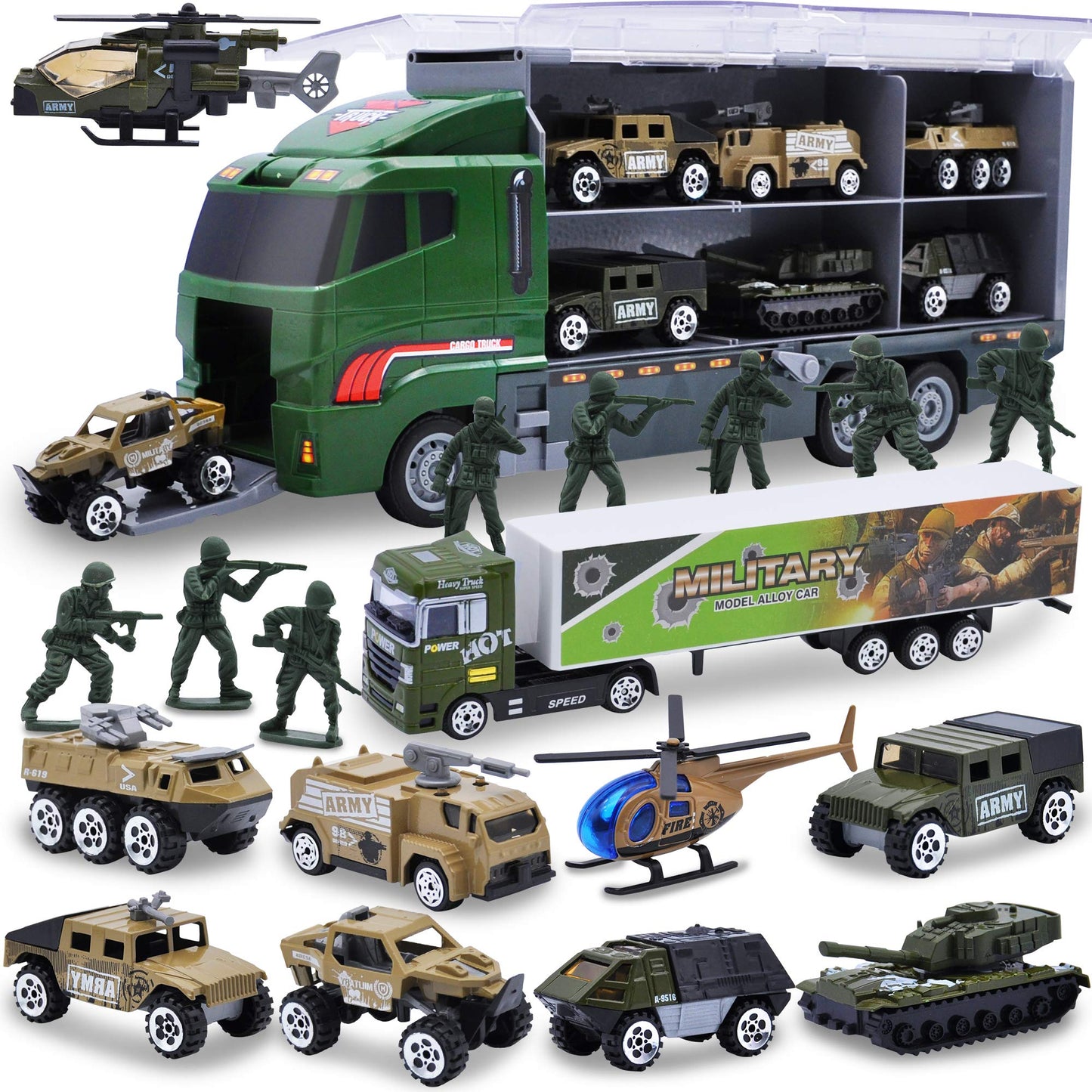 Joyfy 19 in 1 Die-cast Army Toy Truck, Mini Military Vehicles in Carrier Truck with Army Men Action Figures, Toys for Boys 3-6-9 Years Old