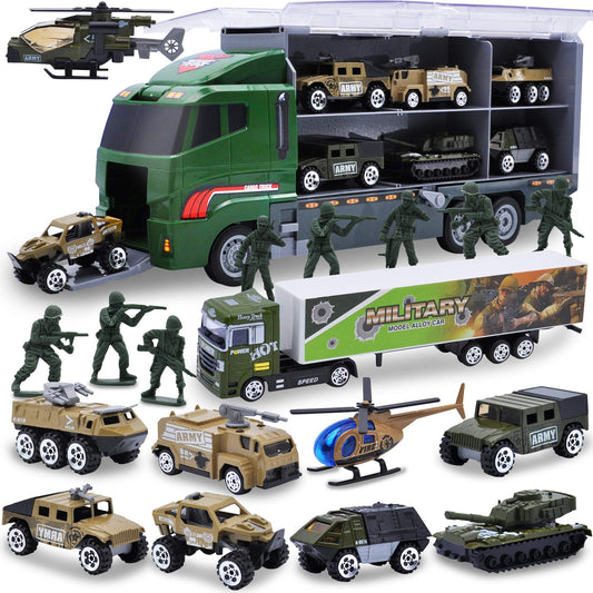 Joyfy 19 in 1 Die-cast Army Toy Truck, Mini Military Vehicles in Carrier Truck with Army Men Action Figures, Toys for Boys 3-6-9 Years Old