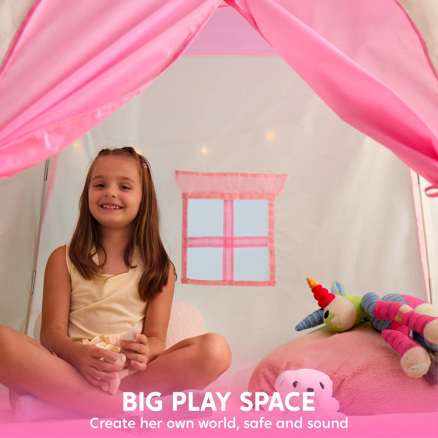 Joyfy Pink Play Tent for Girls Large Playhouse with Star Light Kids Castle Tent for Indoor and Outdoor Games