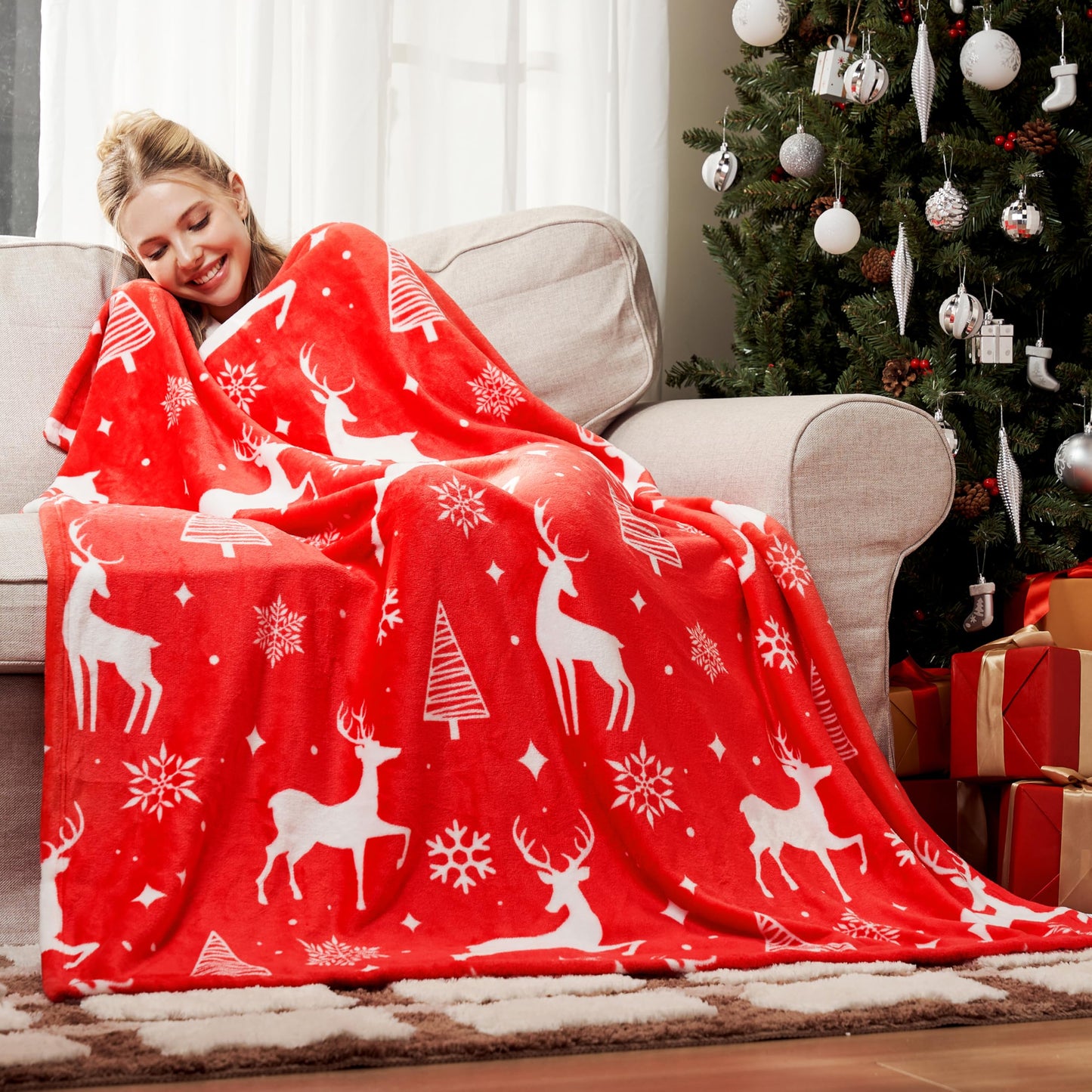 Syncfun Christmas Reindeer Soft Sherpa Fleece Warm Throw Blanket 50" x 60" Blanket for Sofa Couch