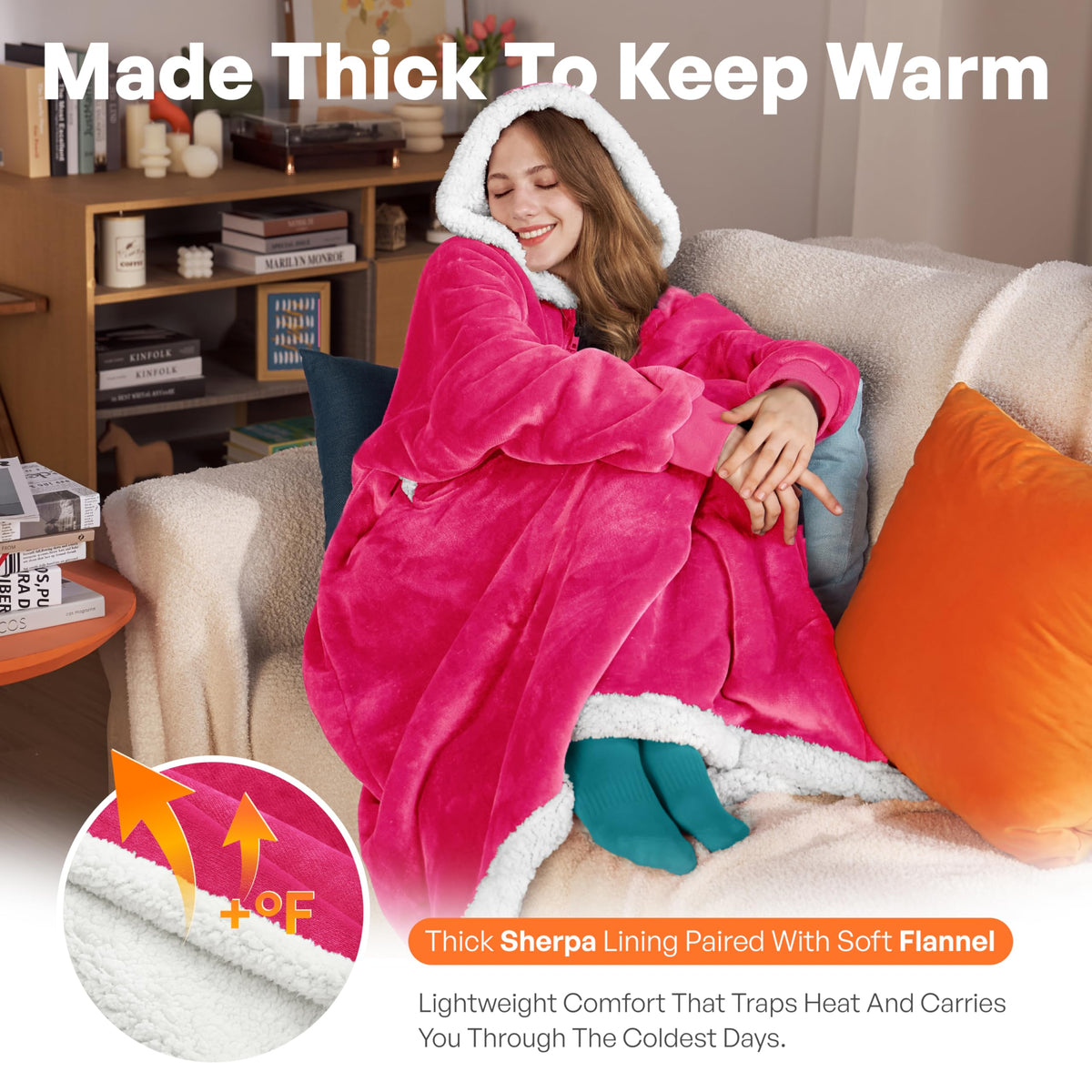 Joyfy Wearable Blanket Hoodie for Women Men Gifts for Women Mom Wife Sherpa Fleece Long Hooded Blanket Sweatshirt Cozy Sherpa Wearable Throw with Pocket & Sleeves for Adult Standard