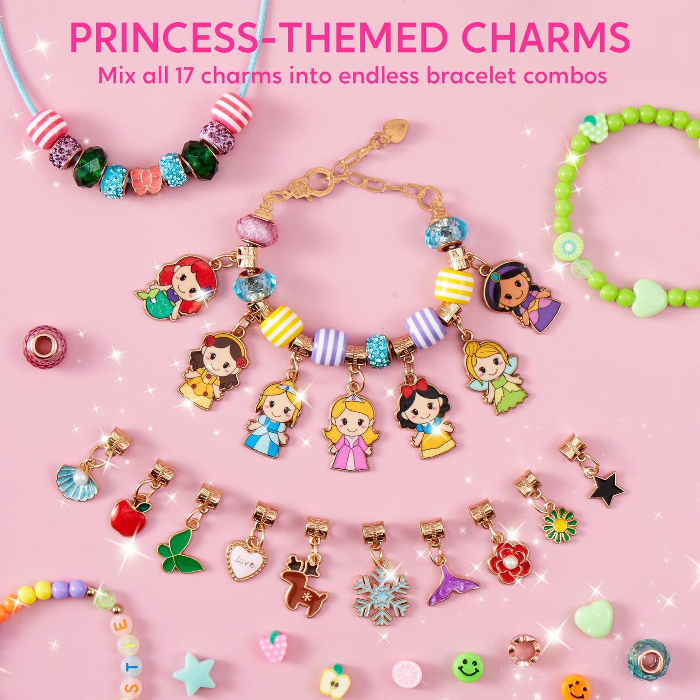 Klever Kits Princess Bracelet Making Kit, Jewelry Making Kit with over 650 Beads, Charms & Elastic Cords, Arts and Crafts Gift for Girls Ages 4-9