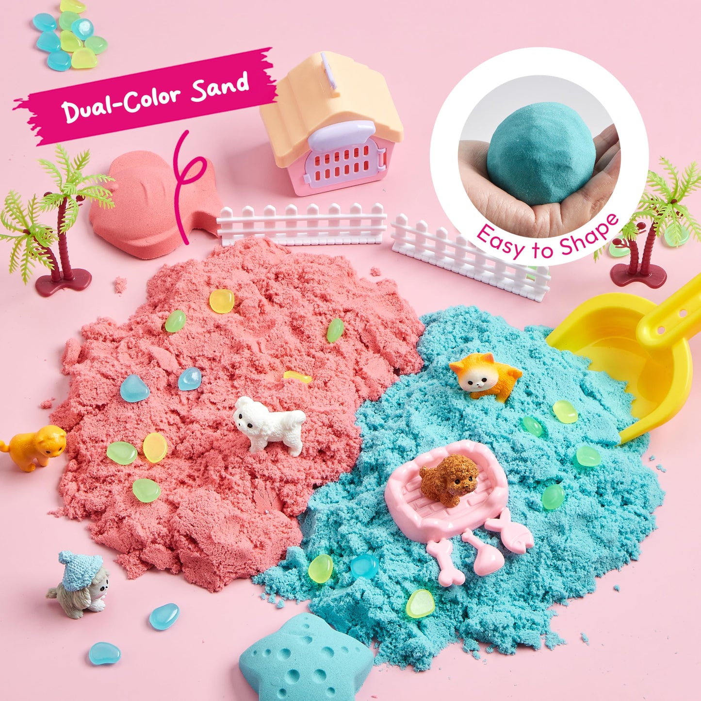 Klever Kits Pet Themed Sensory Bin with Glow-in-The-Dark Stones Lid Dual-Color Sand, Play Sand Toy Preschool Learning Gifts for Boys Girls Age 3+