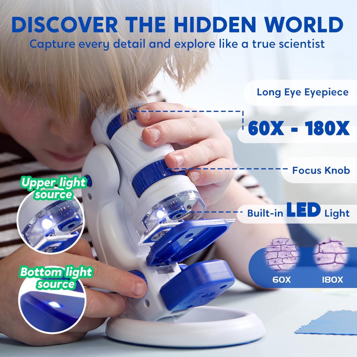 Klever Kits Microscope for Kids 2 in 1 Portable Microscope withe 12 Specimen Slides, 60X-180X magnification Educational Toys Science Kit for Kids Aged 5-7