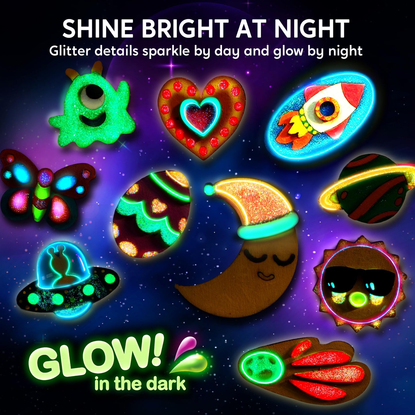 Joyfy 12 Pcs Wooden Magnets Painting Art & Craft for Kids, Glow in The Dark Painting Kit, Halloween Crafts Christmas Gift, Party Favors for Boys Girls Ages 3+