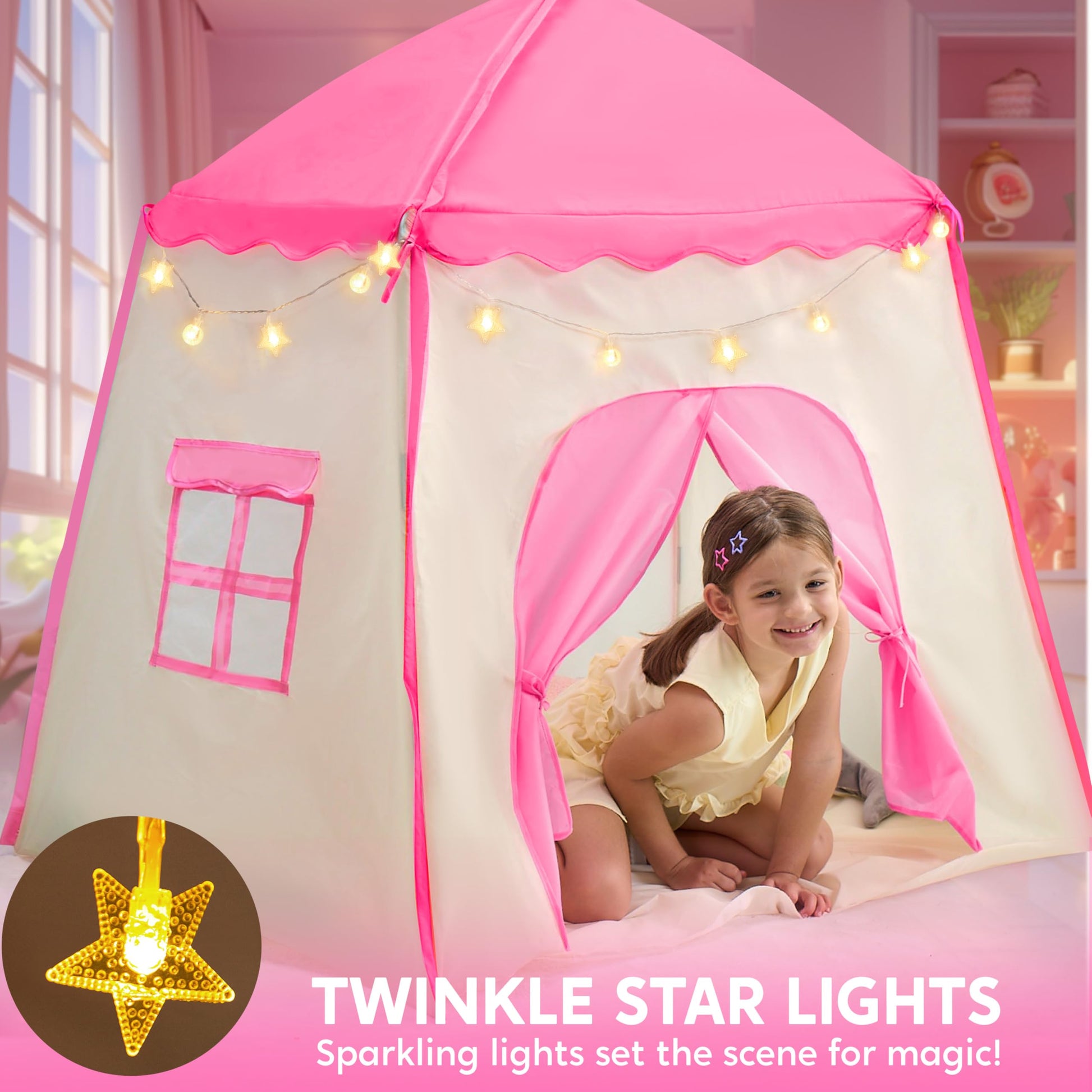 Joyfy Pink Play Tent for Girls Large Playhouse with Star Light Kids Ca – SYNCFUN