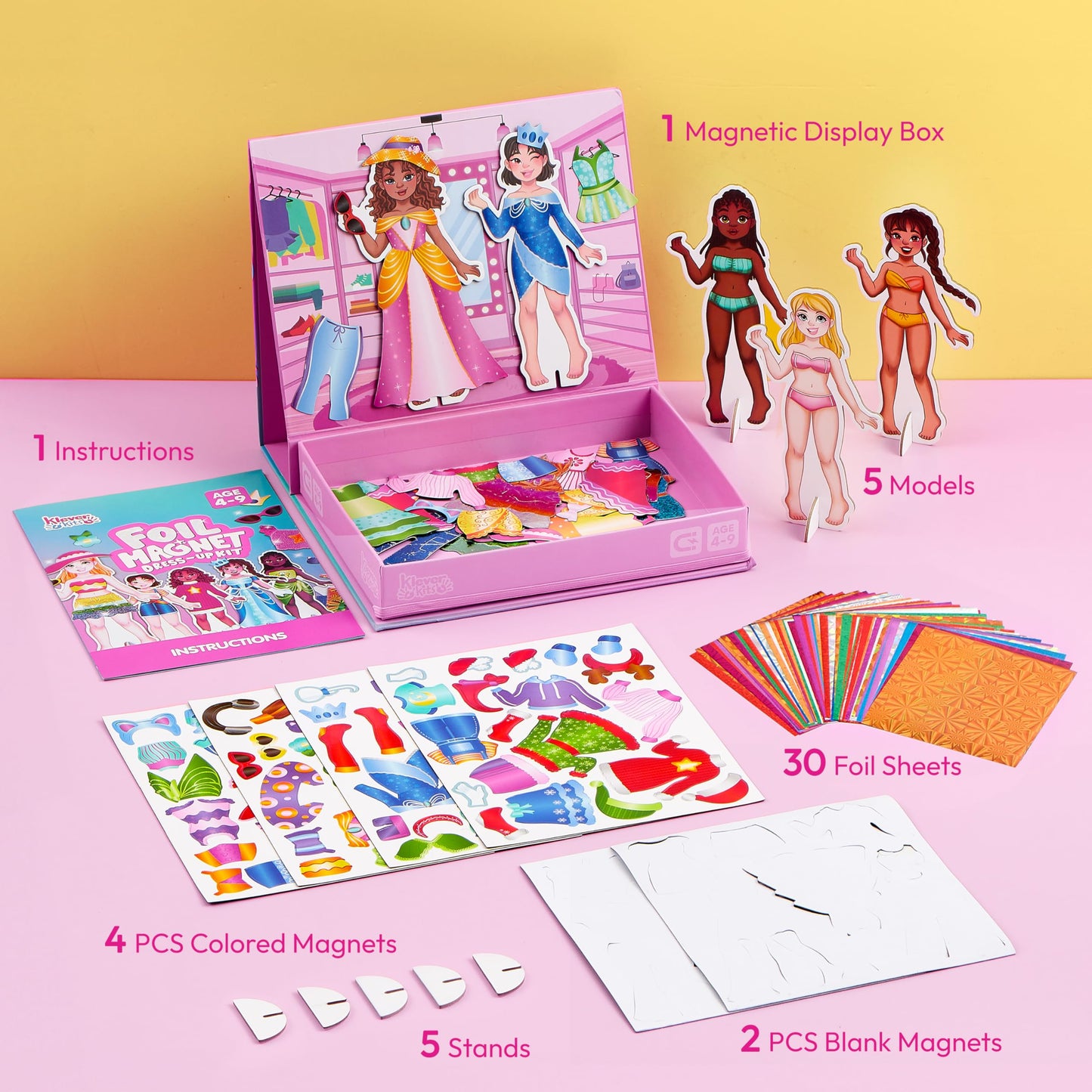 Klever Kits Magnetic Dress-up Paper Doll Foil Fun, Princess Fashion Design Craft Kit, Art Craft Kits for Girls Ages 4-8, No-mess Art Activities Birthday Gifts for Kids