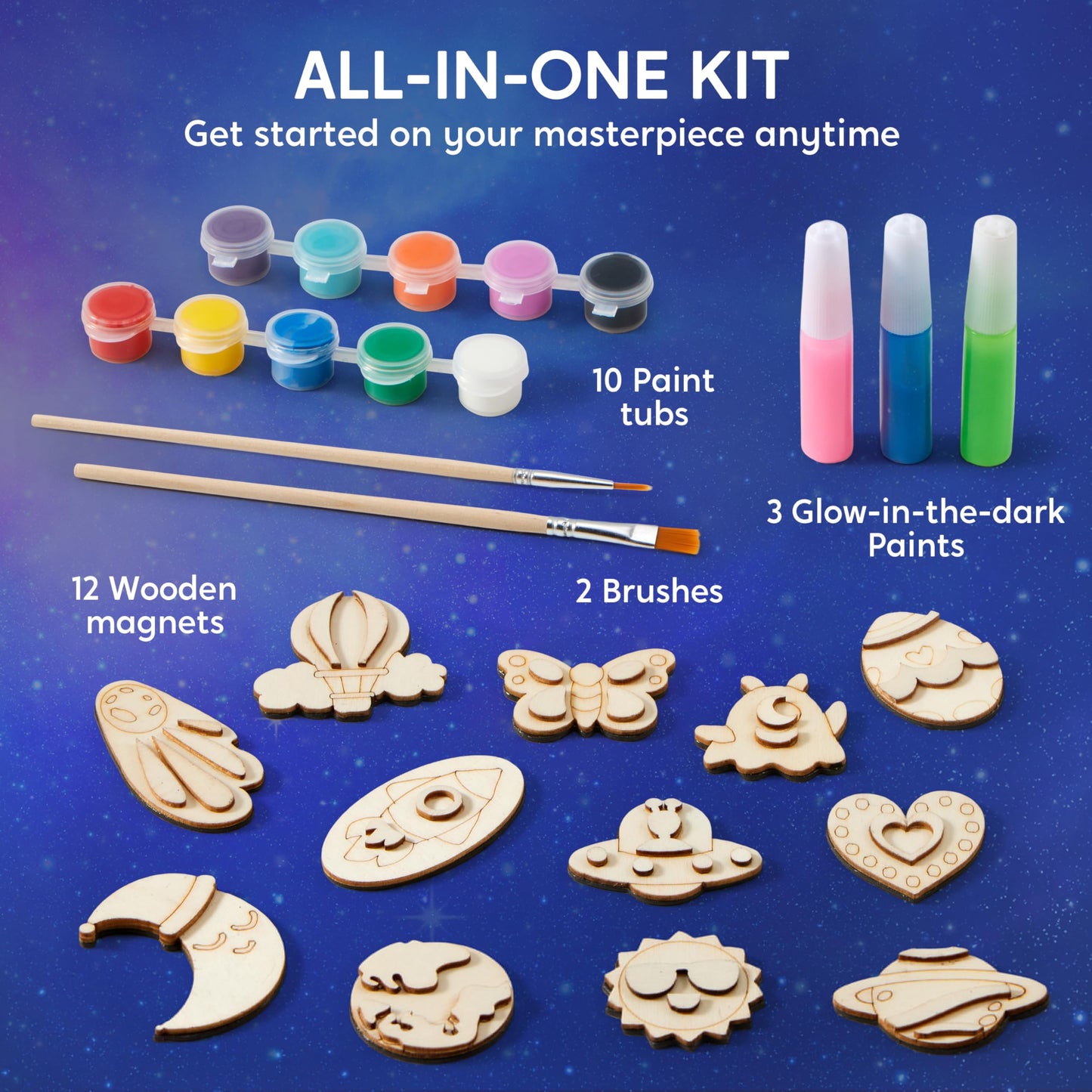 Joyfy 12 Pcs Wooden Magnets Painting Art & Craft for Kids, Glow in The Dark Painting Kit, Halloween Crafts Christmas Gift, Party Favors for Boys Girls Ages 3+