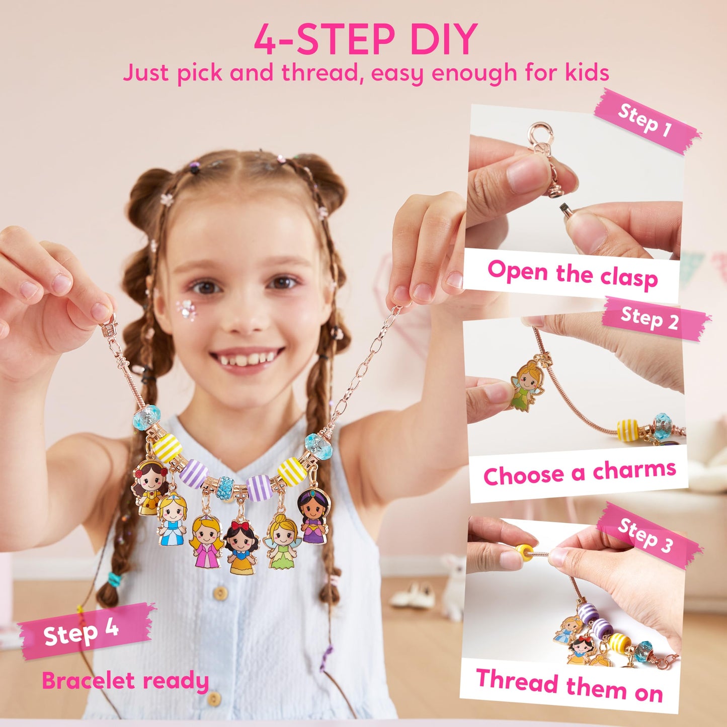 Klever Kits Princess Bracelet Making Kit, Jewelry Making Kit with over 650 Beads, Charms & Elastic Cords, Arts and Crafts Gift for Girls Ages 4-9