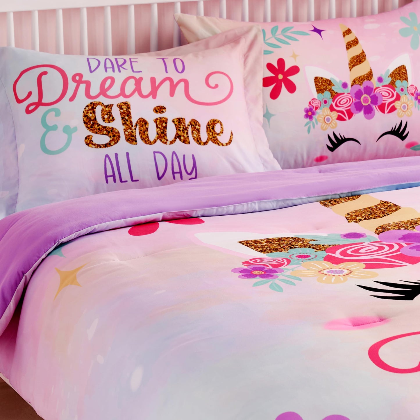 Joyfy Kids Twin Comforter Set 5pcs Unicorn Bedding Set for Girls, Super Soft Microfiber Bed in a Bag with Comforter, Sheets, Pillowcase & Sham for Kids Age 5+