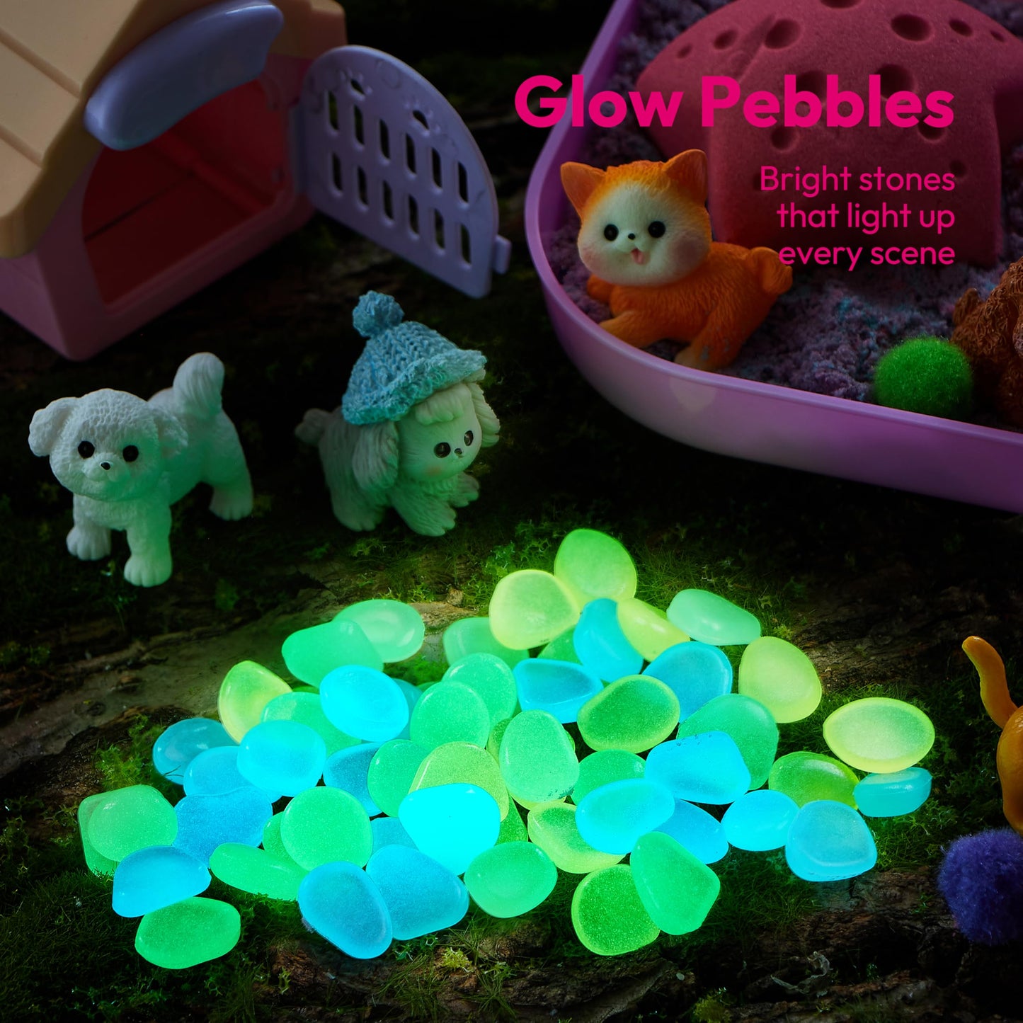 Klever Kits Pet Themed Sensory Bin with Glow-in-The-Dark Stones Lid Dual-Color Sand, Play Sand Toy Preschool Learning Gifts for Boys Girls Age 3+
