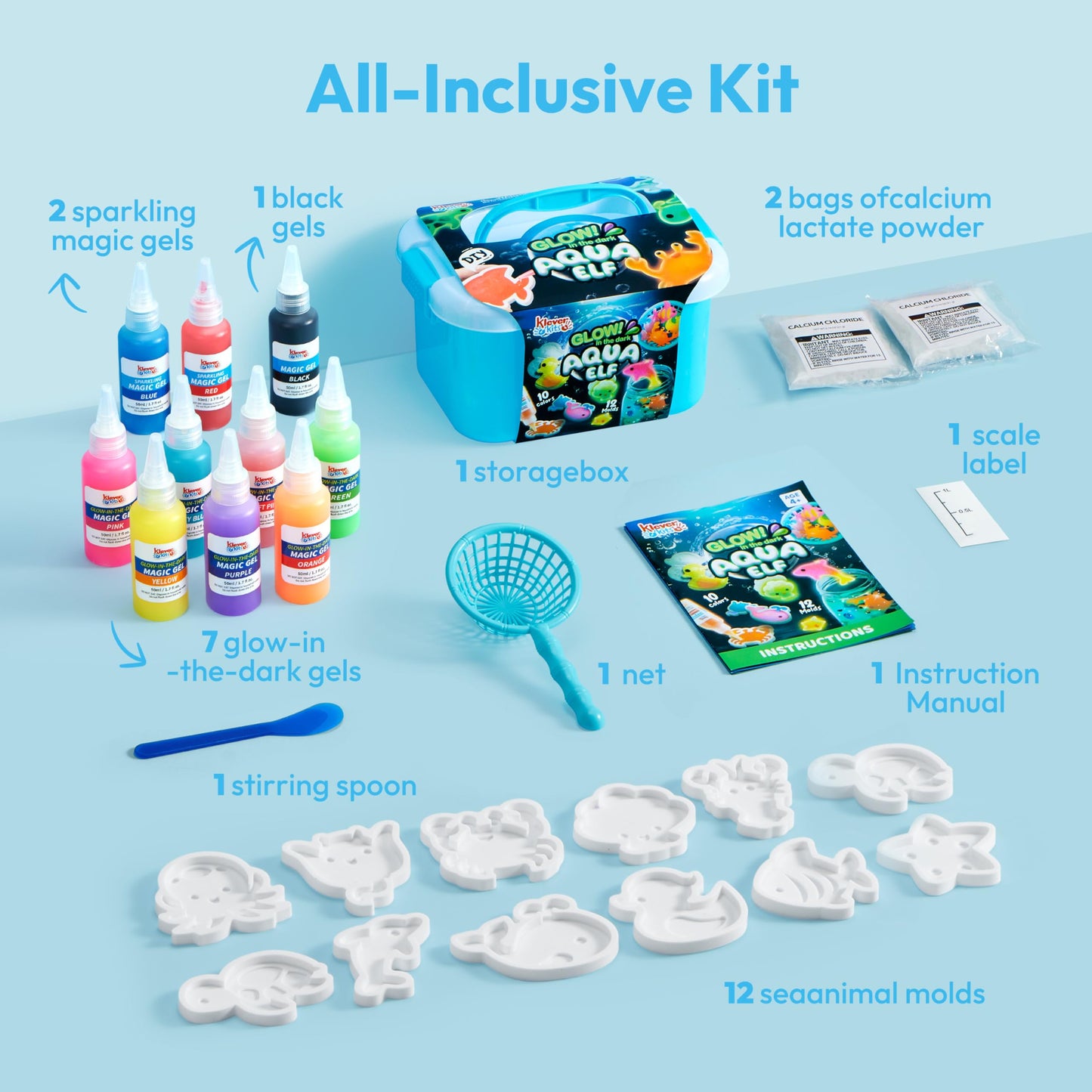 JOYFY Magic Water Elf Toy Kit, Glow in the Dark Aqua Fairy Water Toy with 10 Magic Gels, 12 Sea Creature Molds, Creativity DIY Craft for Kids Age 3+
