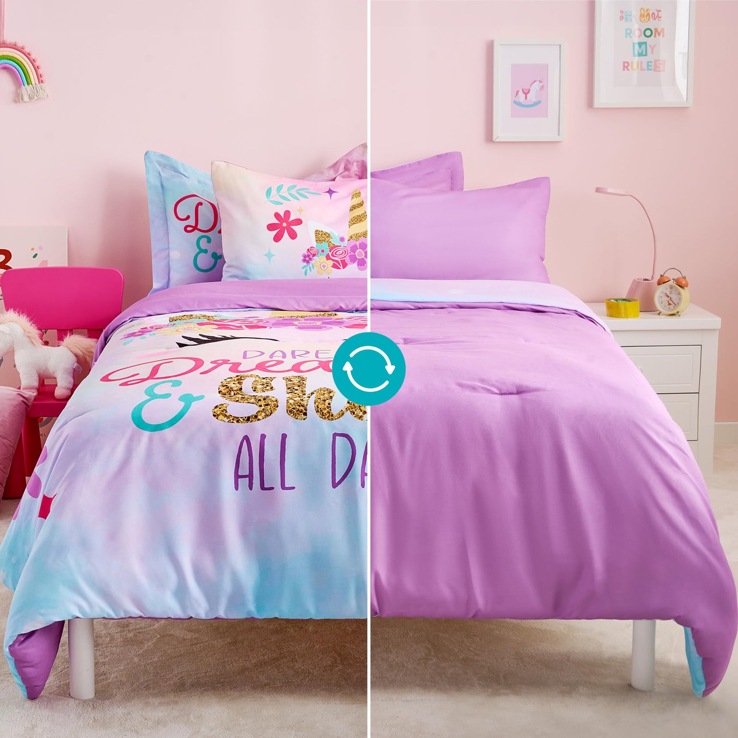 Joyfy Kids Twin Comforter Set 5pcs Unicorn Bedding Set for Girls, Super Soft Microfiber Bed in a Bag with Comforter, Sheets, Pillowcase & Sham for Kids Age 5+