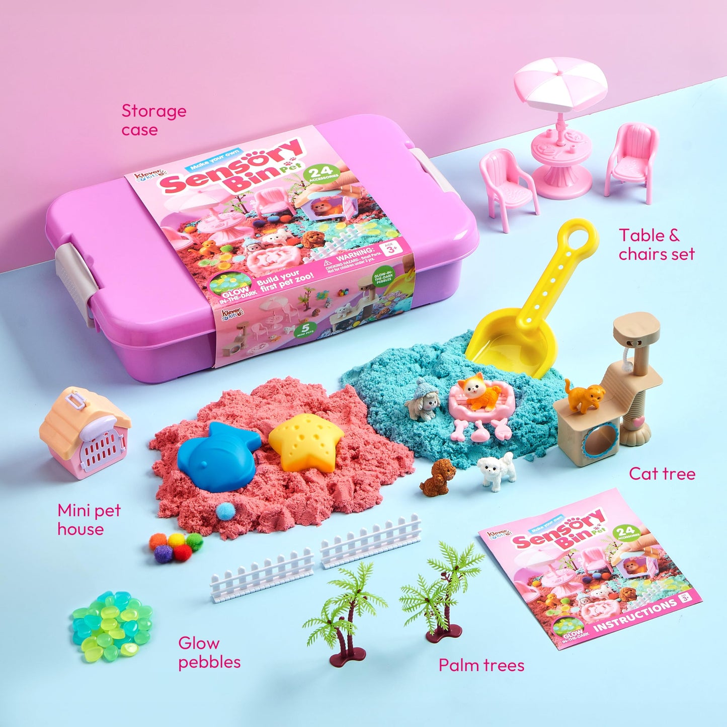 Klever Kits Pet Themed Sensory Bin with Glow-in-The-Dark Stones Lid Dual-Color Sand, Play Sand Toy Preschool Learning Gifts for Boys Girls Age 3+
