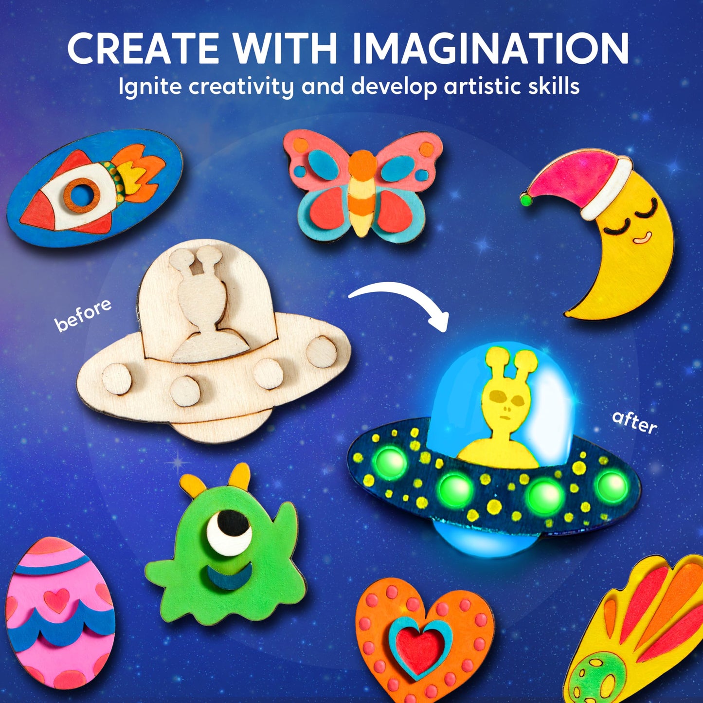 Joyfy 12 Pcs Wooden Magnets Painting Art & Craft for Kids, Glow in The Dark Painting Kit, Halloween Crafts Christmas Gift, Party Favors for Boys Girls Ages 3+
