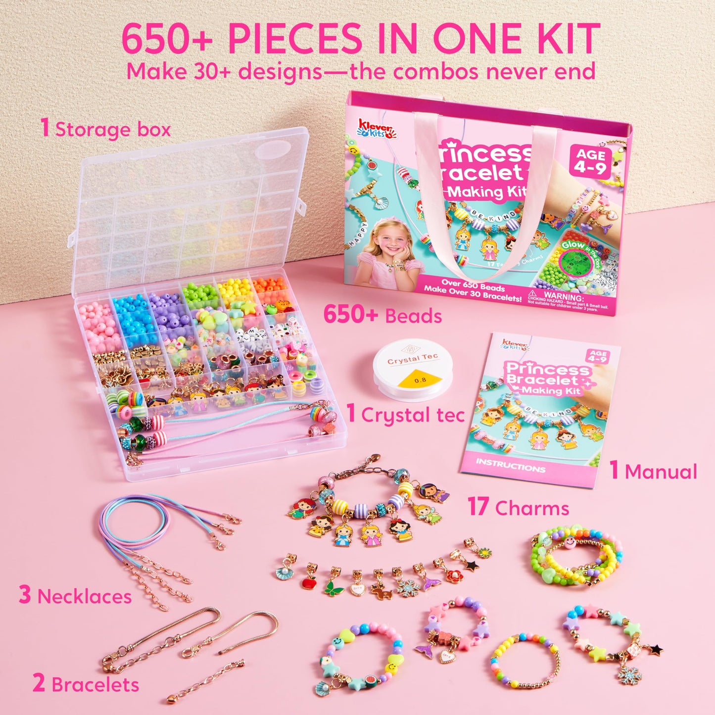 Klever Kits Princess Bracelet Making Kit, Jewelry Making Kit with over 650 Beads, Charms & Elastic Cords, Arts and Crafts Gift for Girls Ages 4-9