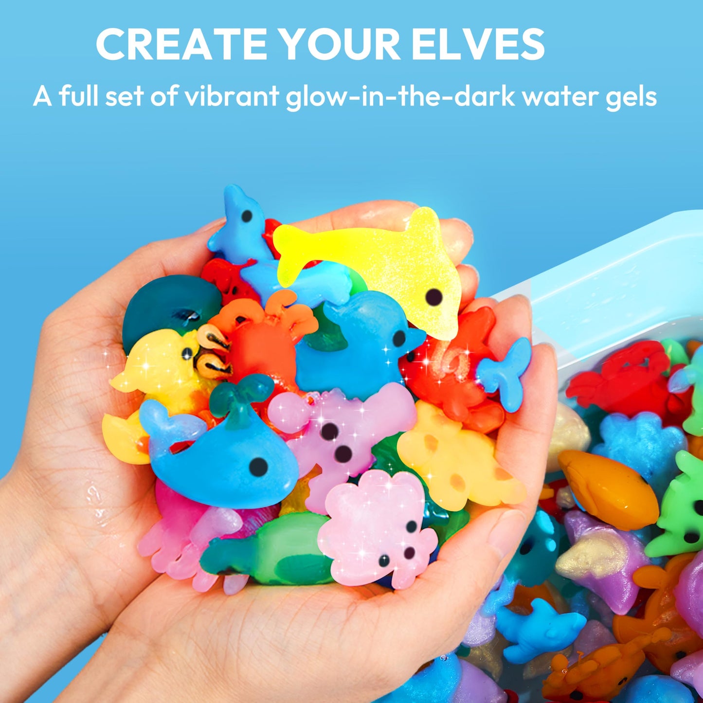 JOYFY Magic Water Elf Toy Kit, Glow in the Dark Aqua Fairy Water Toy with 10 Magic Gels, 12 Sea Creature Molds, Creativity DIY Craft for Kids Age 3+