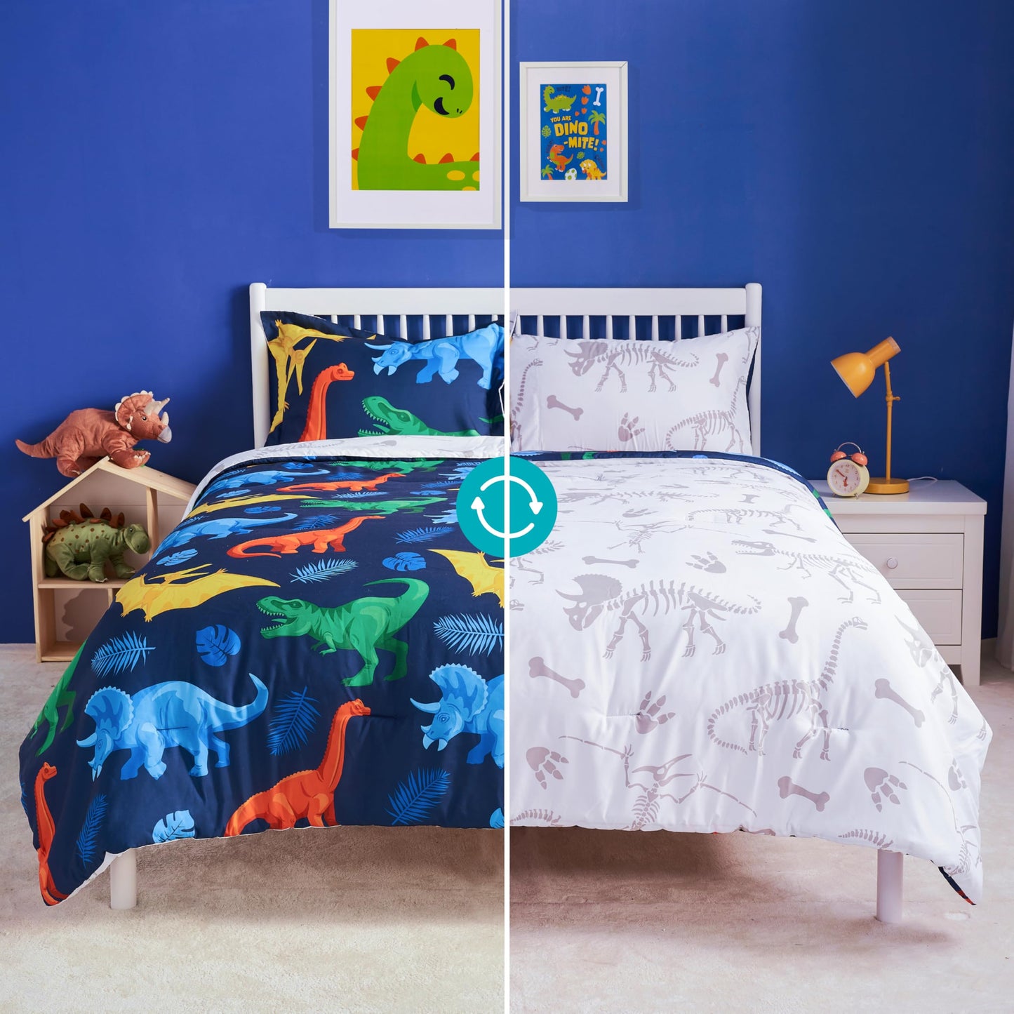 Joyfy Kids Twin Comforter Set 5pcs Dinosaur Bedding Set for Boys, Super Soft Microfiber Bed in a Bag with Comforter, Sheets, Pillowcase & Sham for Kids Age 5+