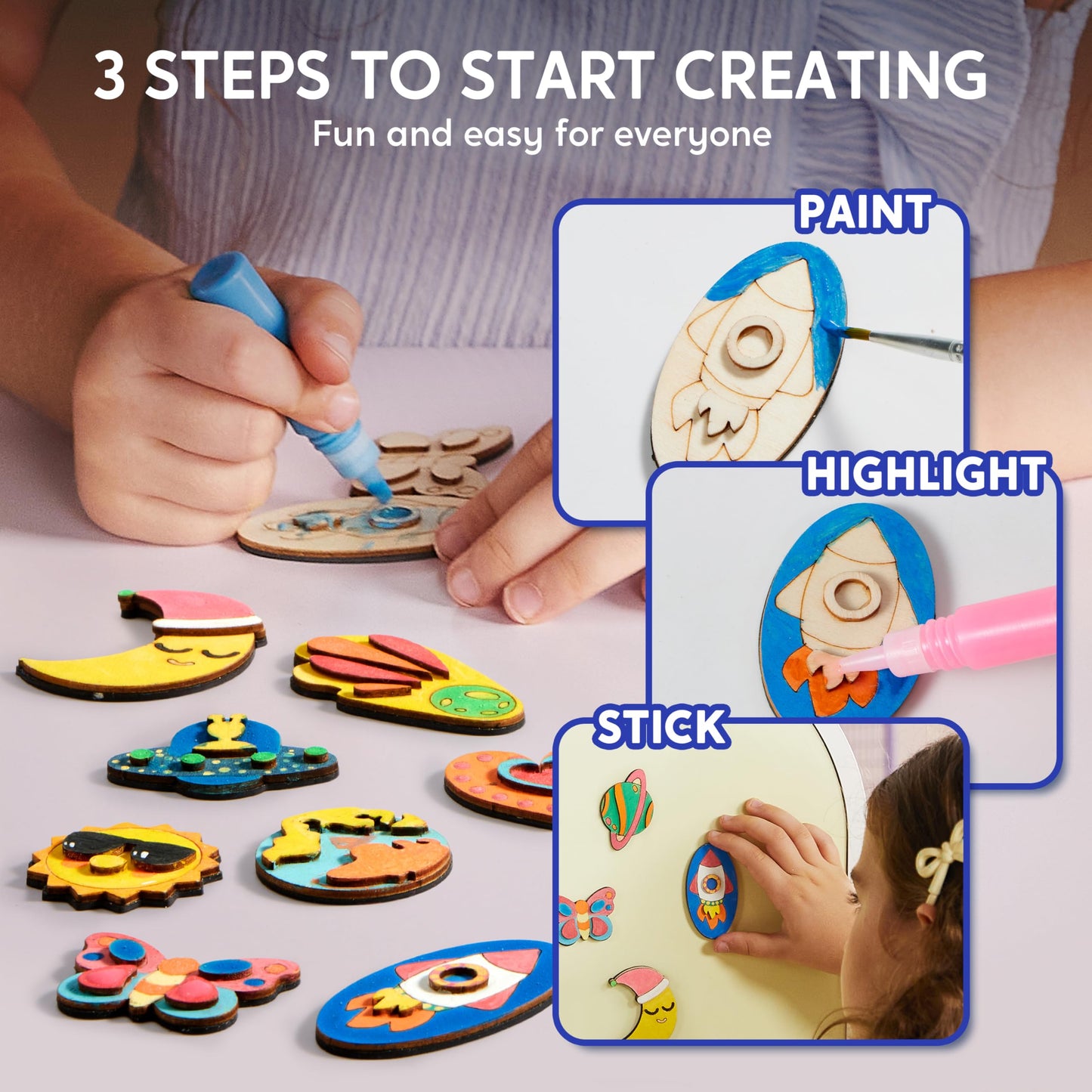 Joyfy 12 Pcs Wooden Magnets Painting Art & Craft for Kids, Glow in The Dark Painting Kit, Halloween Crafts Christmas Gift, Party Favors for Boys Girls Ages 3+