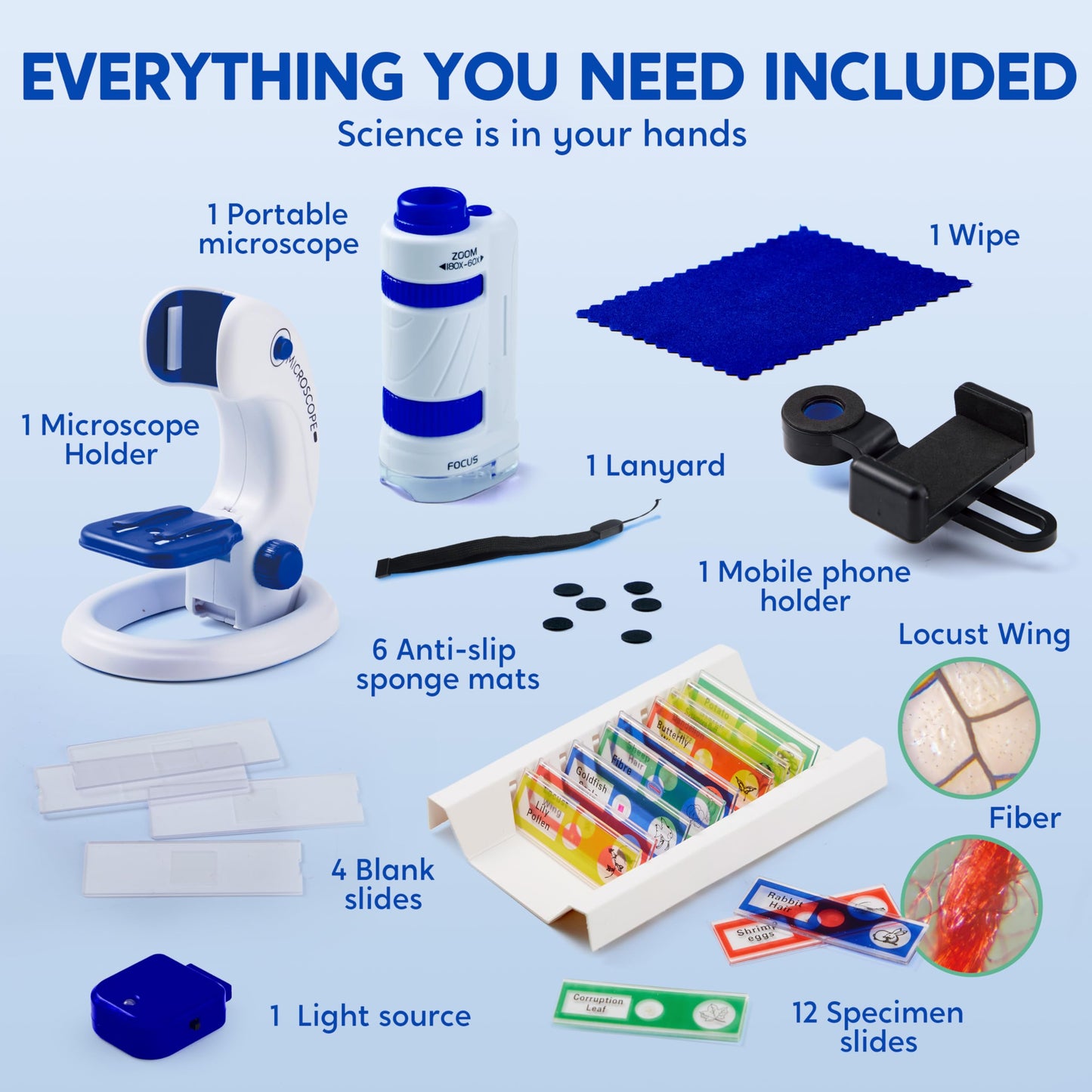 Klever Kits Microscope for Kids 2 in 1 Portable Microscope withe 12 Specimen Slides, 60X-180X magnification Educational Toys Science Kit for Kids Aged 5-7