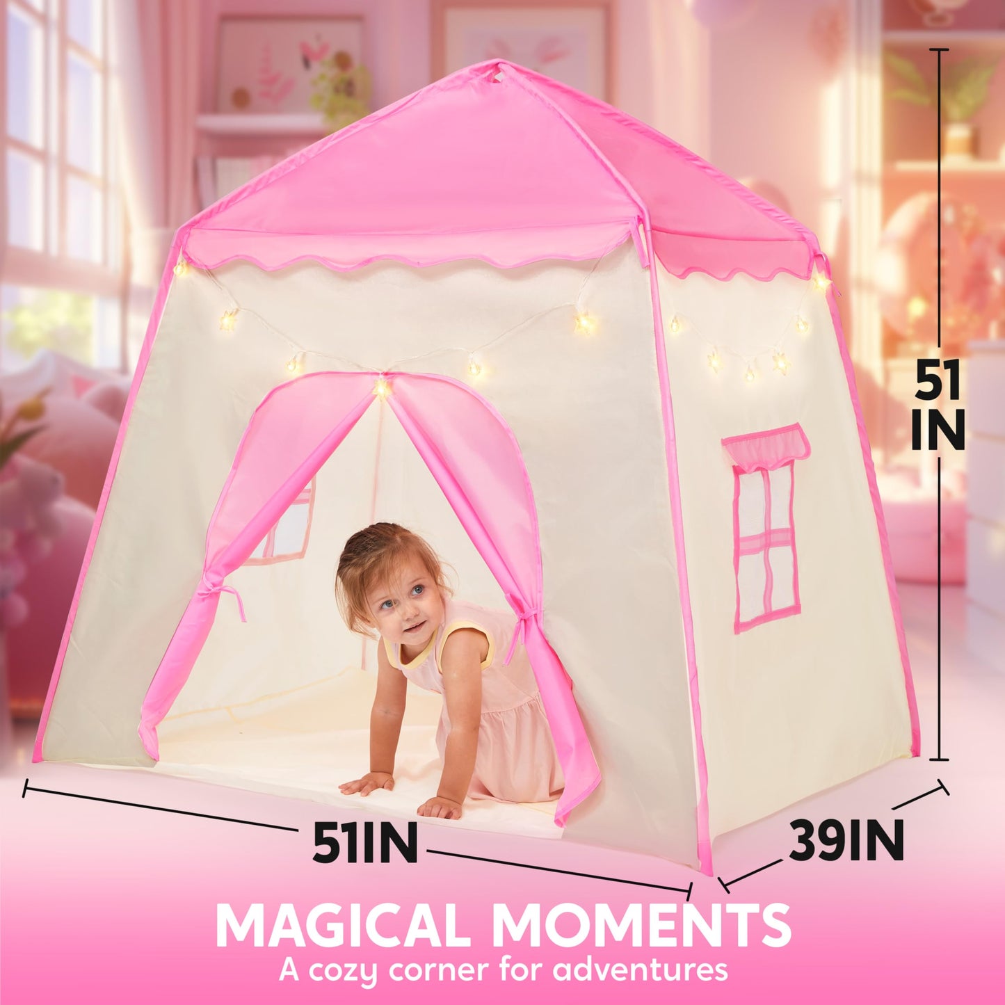 Joyfy Pink Play Tent for Girls Large Playhouse with Star Light Kids Castle Tent for Indoor and Outdoor Games